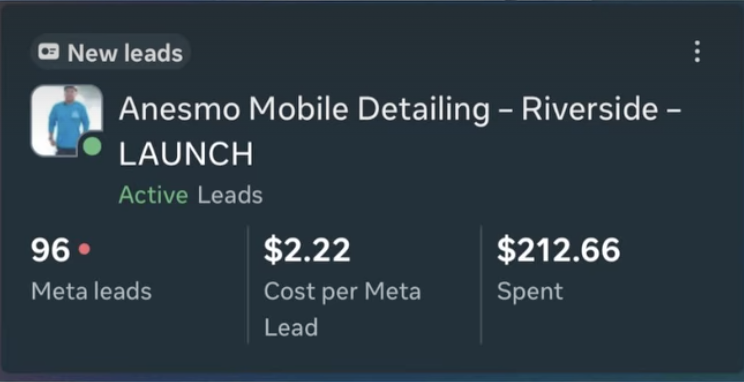 Campaign dashboard showing 96 Meta leads at $2.22 per lead and $212.66 spent